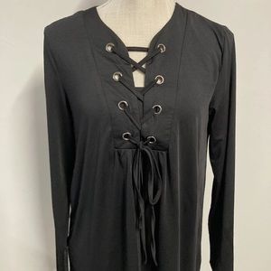 Meaneor Lace Up Grommet Top 3/4 Long Sleeve l Shirt Black